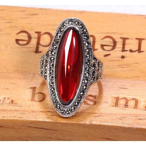 ZHJIASHUN Royal 100% 925 Sterling Silver Natural Garnet Long Rings For Women Vintage Gemstone Ruby Ring Silver Jewelry
