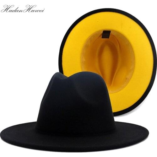 2020 High Quality Jazz Panama Cowboy Woolen Felt Fedora Hat for Women Men Wide Brim Black Yellow Patchwork Hat