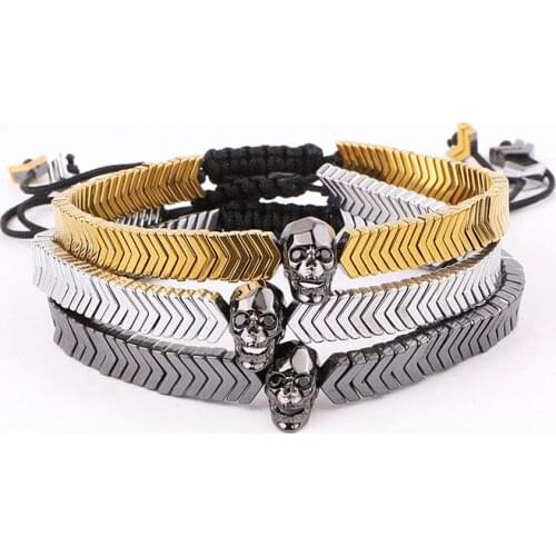 New Design Hematite Beads CZ Skull Macrame Adjustable Bracelet Jewelry For Men