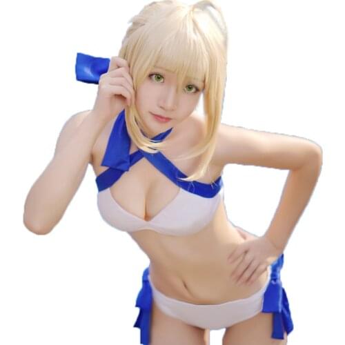 Anime Saber Cosplay Fate Grand Order School Swimsuit Summer Swimming Sexy Costume White Blue Swimwear