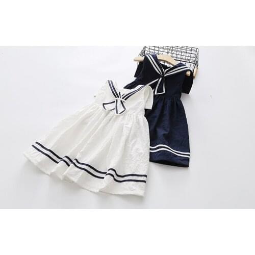 2021 Summer Girls Dresses Children Clothes Baby Girls Navy Dress Kids Striped Printing Dress Baby Girls Dress Girls Outwear M21