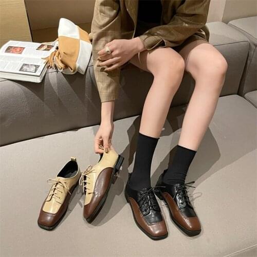 Bailamos Women Loafers 2021 Square Heel Patchwork Fashion Women Shoes Square Toe Lace Up Female Pumps Women Falts