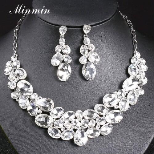 Minmin Unique Colorful Teardrop Cluster Crystal Wedding Jewelry Sets for Women Cute Earrings Necklace Sets Bridal Jewelry MTL598