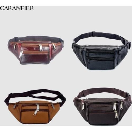 CARANFIERFashion Men Genuine Leather Waist Bag men Waist Pack Waist Bag Funny Pack Belt Bag Men Chain Waist Bag For Phone Pouch
