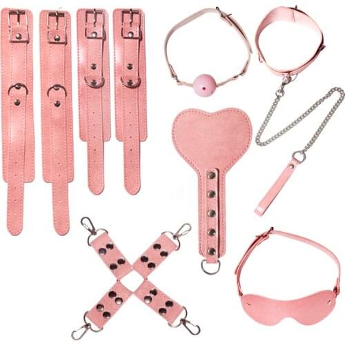 Jiuai Sex Toys 7 Pcs BDSM Bondage Kits Ball Gag Handcuffs Legcuffs Blindfold Whip Cross Buckle For Adults Games