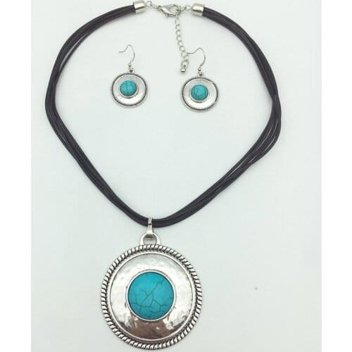 Vintage Punk Green Stone Pendants& Necklaces Blue Stone Drop Earrings Round Multi-layer Braided Cord Necklace Party Jewelry Set