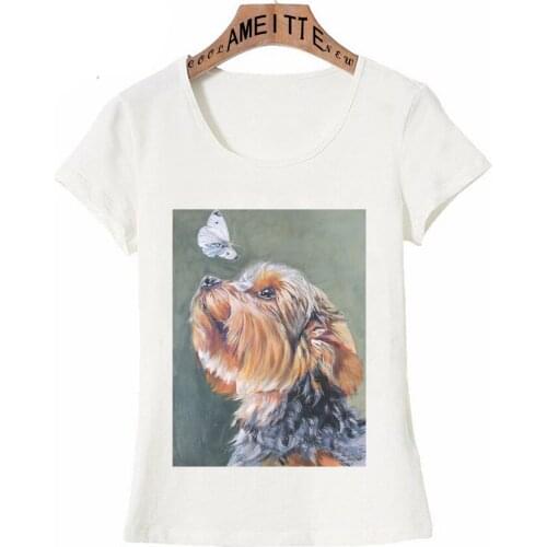 New Casual Women T Shirt Yorkshire Terrier And Butterfly Print T-Shirt White Tops Hip Hop Cute Girl Tee shirt Cool Short Sleeve