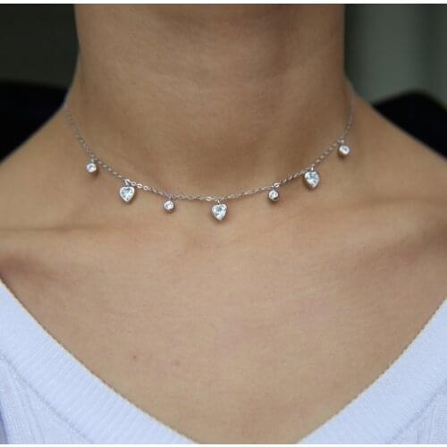 Valentines gift Heart Round cz drop charm statement choker collar necklace 925 sterling silver trendy fashion jewelry
