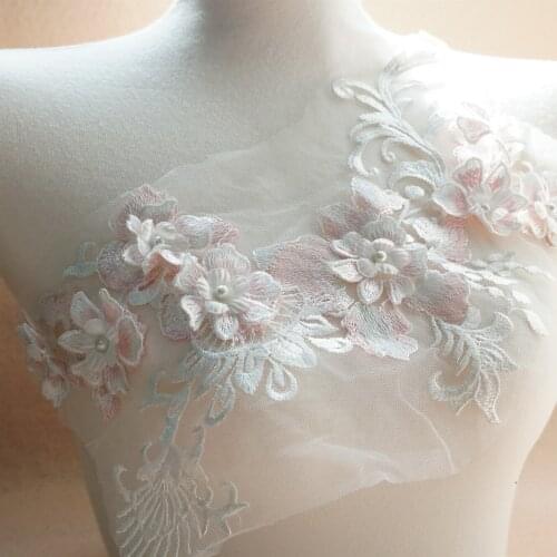 Chic Embroidery Lace collar 3D flower Applique Wedding clothing Decorate Boutonniere Patch Sewing DIY ABS pearl Accessory