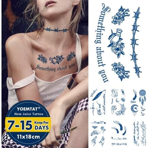 Juice Lasting Waterproof Temporary Tattoo Sticker Rose Peony Flower Letter Flash Tattoos Blue Ink Arm Body Art Fake Tatto Female