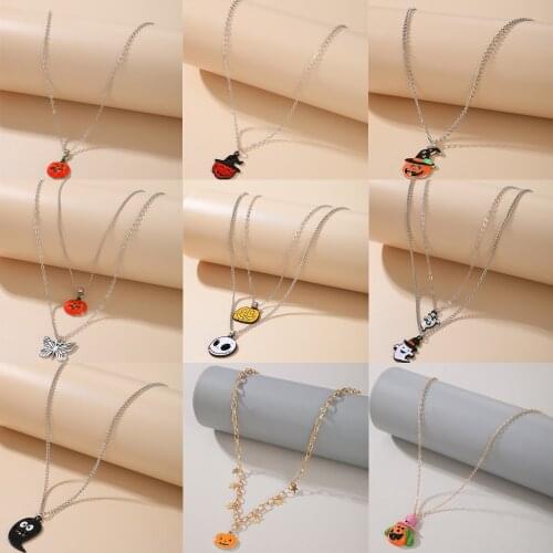 Tocona Trendy pumpkin Pendant Necklace for Women Punk Multilayer Butterfly Fire Chain Choker Halloween Jewelry Accessories