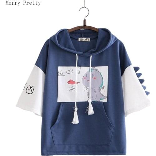 Women Dinosaur Print Funny Hooded Sweatshirts With Pocket 2021 Spring Short Sleeve Cotton Hoodies Harajuku Pullovers Tracksuit