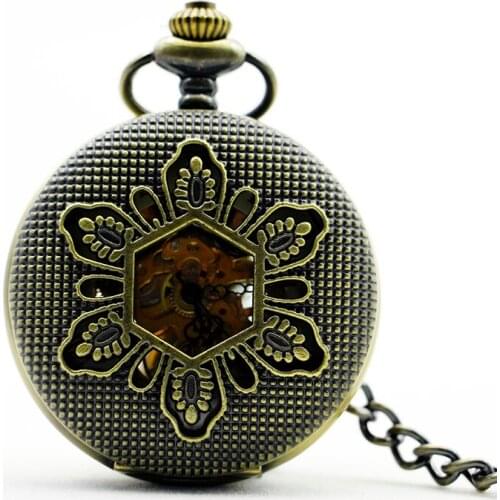 Hollow Skeleton Steampunk Traditional engraving Hand Wind Vintage Classic Mechanical Pocket Watch with chains