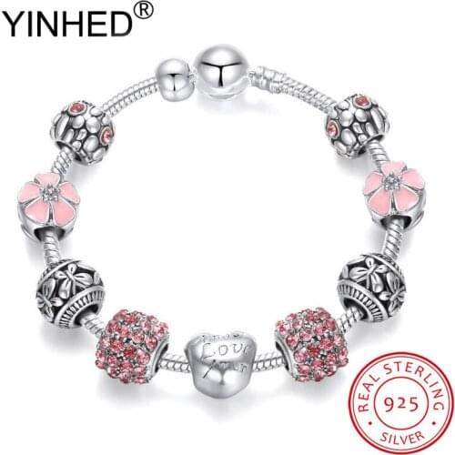 YINHED Fashion Crystal Beads Charm Bracelets for Women 925 Sterling Silver Original DIY Jewelry Fit Pan Bangle Bracelet ZB037