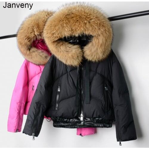 Janveny Real Raccoon Fur Hooded Womens Down Jacket 2021 Winter 90% Duck Down Coat Short Female Puffer Feather Parkas Outwear