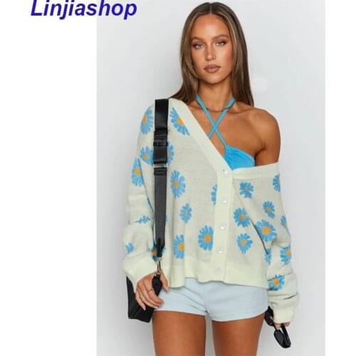 Sweater Cardigan Women Loose Knit Coat Autumn Spring Casual Lady Long Sleeve V Neck Floral Outerwear Sweater