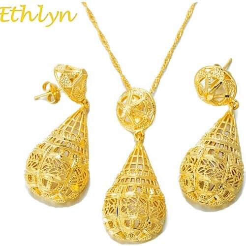 Ethlyn Jewelry Gold Color Ethiopian Pendant and Earrings Women Jewelry Set Dubai Arab Wedding Africab Style Gifts S160