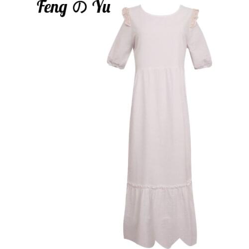 2021 Summer Solid Color Dress Ladies Casual Lantern Sleeve Long Skirt Lace Ruffled White Long Cotton And Linen Dress