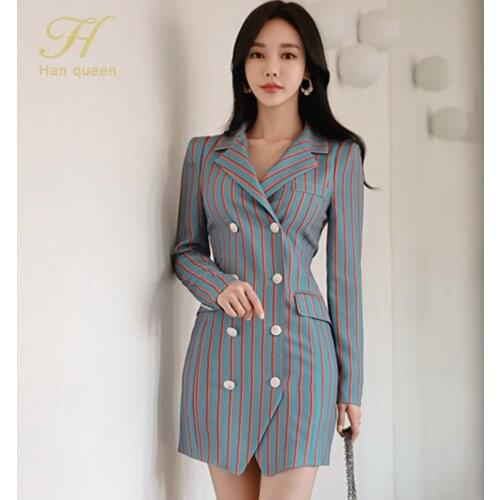 H Han Queen Autumn Retro Striped Vestidos OL Double breasted Casual Pencil Dress Women Office Work Tunic Bodycon Sheath Dresses