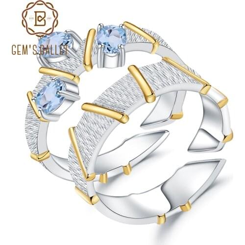 GEMS BALLET 925 Sterling Silver Handmade Adjustable Open Ring Natural Swiss Blue Topaz Cross Couple Rings For Women Engagement
