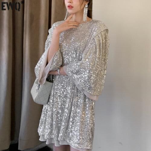 [EWQ] 2021 Spring Summer New Sweet O-Neck Half Sleeve Plus Size Silver T-shirt Style Dress Korea Style Casual Sequin Dress QX001