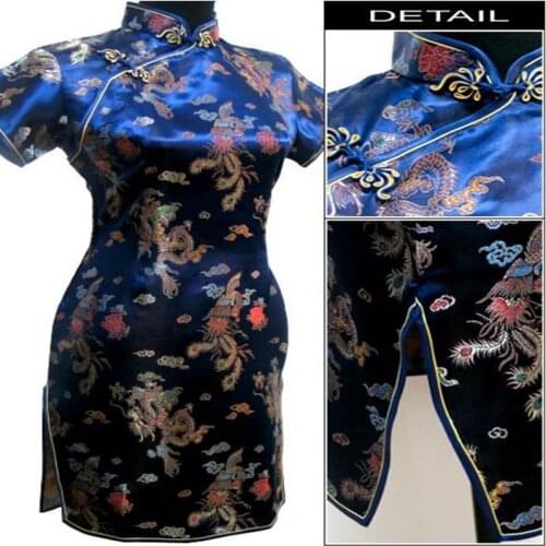Plus Size 3XL 4XL 5XL 6XL Mini Cheongsam Navy Blue Vintage Chinese Style Womens Qipao Dress Short Vestido Dragon Phoenix Qipao