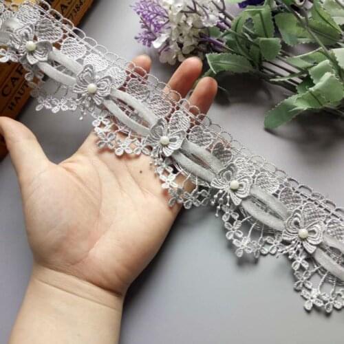 1 Yard Gray Lace Trim Fabric Bowknot Pearl Embroidered Lace Ribbon Handmade DIY Sewing Supplies Craft For Clothes Decoration