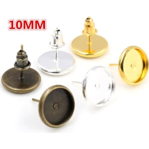 50pcs 10mm Brass Bronze Silver Plated Gold Ear Studs Earring Base Earring Findings Cabochon Setting Accessories (With Back)