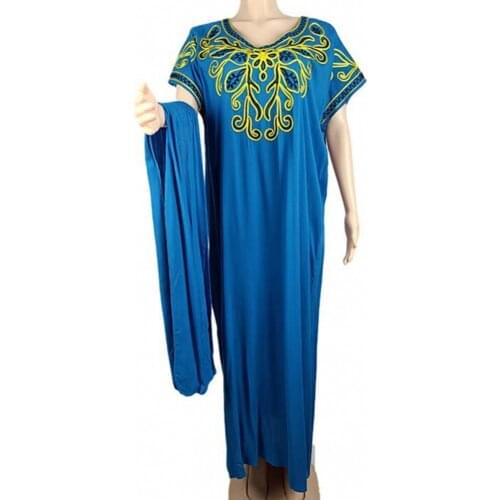 Embroidery African Design Vintage Short Sleeve Robe Gowns Muslim Loose Lady Party Dashiki Dress Abaya Dubai Maxi Bazin And Scarf
