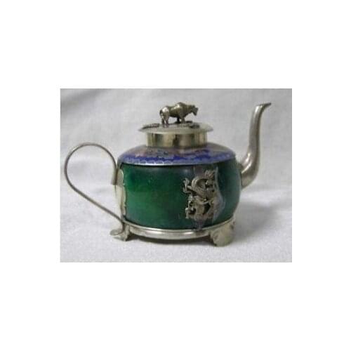 Design Collection Tibetan Silver chinese tibet Silver green jade dragon teapot free shipping tools wedding Brassroom