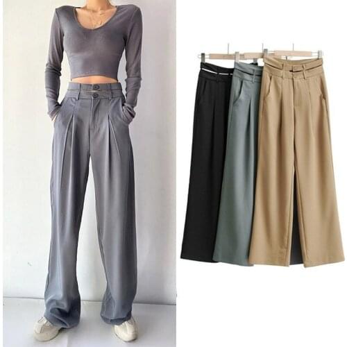 Double Waist Unique Design Blazer Suit Pants Women Solid Colors High Waist Pleat Straight Pants Casual Commute Tailored Trousers