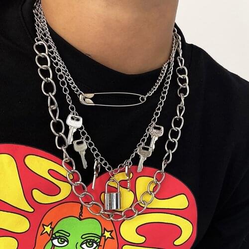 Dark Gothic Big Lock Key Pendant Necklace Punk Hip Hop Three Style Choker Necklace Charm Jewelry for Men and Women Gift