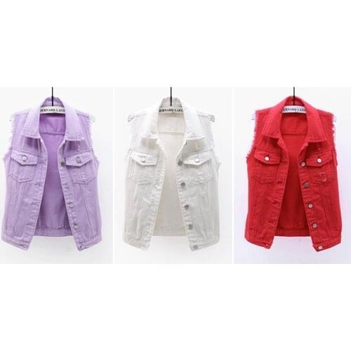 Chaleco de mezclilla lavado clásico de las mujeres, chaqueta vaquera sin mangas con botones de color sólido