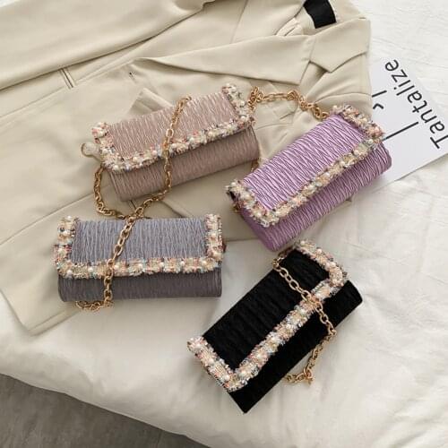 Fashion Pleated Women Handbag Tote Chain Pearl Clutch Underarm Shoulder Bag