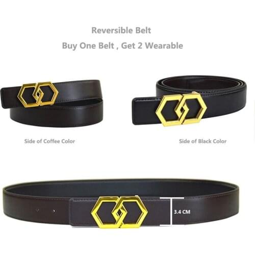 Men Luxury Belt High Quality Genuine Leather Waist Belt Stainless Steel Hexagon Buckle ремни Gold Casual Jeans Luxury Brand
