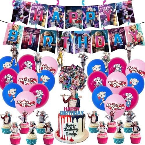 Suicided Harleyed Balloons Squading Quinn Latex Ballons Pink Joker Princess Cake Toppers Happy Birthday Banner Party Decoration