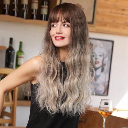 24" Long Curly Hair Wig Wavy Hairpiece with Bangs Brown Gradient Golden