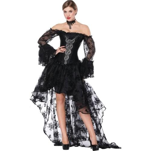Corset Dress Black Lace Up Overbust With Long Sleeves and High Low Skirt Halloween Performance Dress