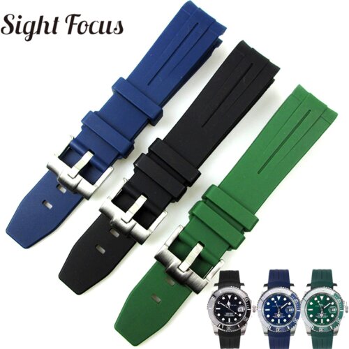 20mm Curved End Rubber Watch Bands for Rolex Green Water Ghost Explorer Yacht Master Daytona Submariner Strap Relogio Masculino