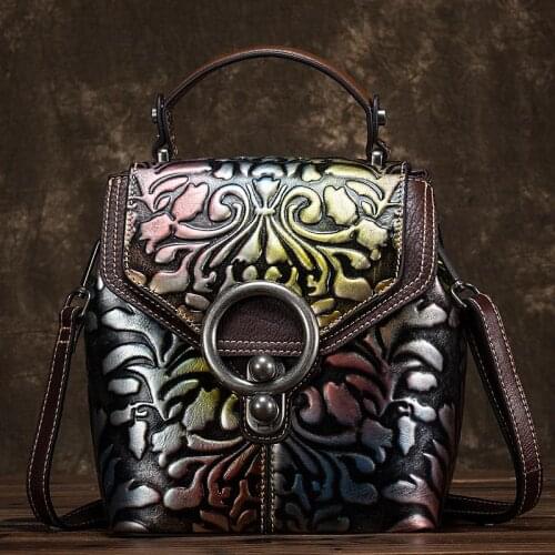 Retro Handmade Cowhide Embossing Luxury Handbags Women Bags 2021 New Multipurpose Genuine Leather Shoulder Bag Floral Mochila