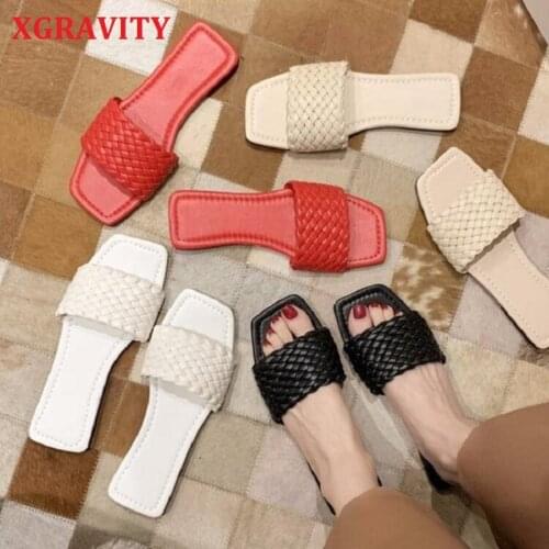 XGRAVITY New Brand Slippers Weave Leather Women Sandal Open Toe Flat Casual Slides Summer Outdoor Beach Female Flip Flops B150