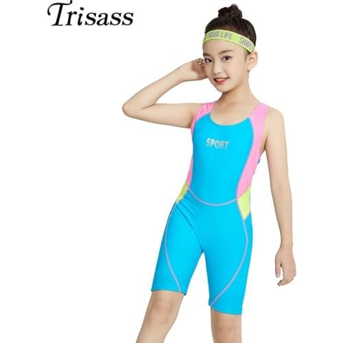 Trisass 2021 New Children Swimsuit One Piece Swimwear For Girl Professional Sports Long Pants Swimwear Backless Bodysuit