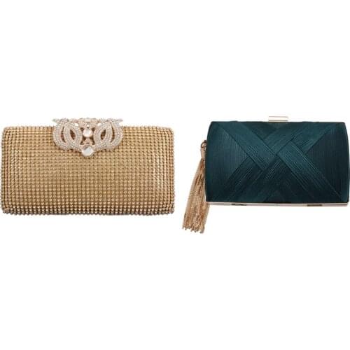 2 Pcs Encrusted Evening Bag Clutch Purse Party Bridal Prom, Gold & Green