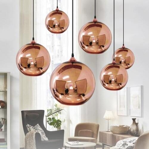 Mirror Hanging Light Gold Glass Ball Creative In Northern Europe Round Lustrous Bar Restaurant Copper Pendant Light E27 Fixtures