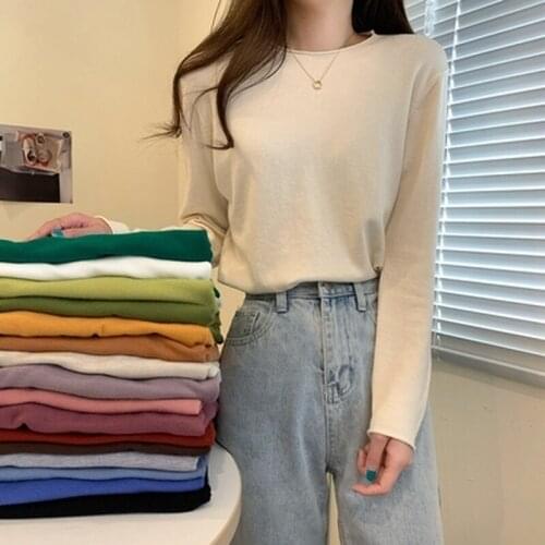 Ladies T-shirt 2021 Autumn New Long Sleeve Knitted Tops Loose Thin All-match Solid Sweater Basic Bottoming Shirt Women Clothing