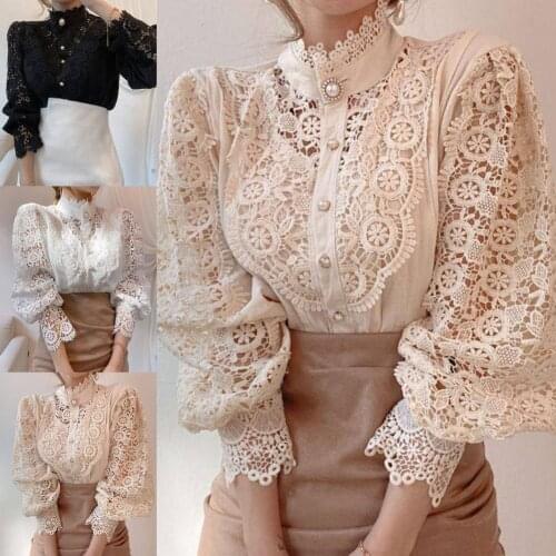 Women Shirt Lace Hollow Out Summer Stand Collar Petal Sleeve Blouse for Dating