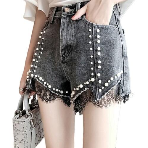 2021 New Spring Summer Womens High-waist Denim Shorts Korean Fashion Ripped Hot Pants Heavy Beaded Lace Wide-leg Shorts Tide