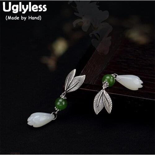 Uglyless Real 925 Sterling Silver Natural Jade Orchid Dangle Earrings for Women Handmade Leaf Brincos Jasper Beads Fine Jewelry