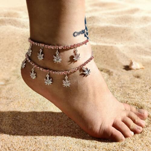 Flatfoosie 2021 New Maple Leaf Crystal Anklet For Women Pink Rhinestone Butterfly Tennis Chain Anklet Bracelet Beach Accessories