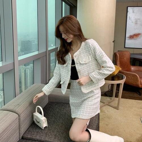 2021 Vintage Plaid Suit Jacket Womens Office Suit Autumn Fashion Business Suit High Waist Skirt Tweed Skirt Jacket 2-Piece Set